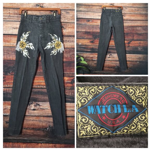 Rare Vintage Watch LA Jeans Embellished High Rise Skinny Black Denim Made In USA - Picture 1 of 9